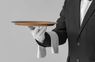 Ein behandschuhter Butler mit Kupfertablett weist auf News, Dowmloads, offene Stellen udn häufige Fragen hin