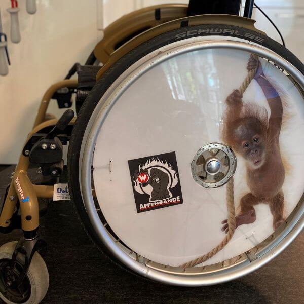 Kinderrollstuhl mit Affenbabybild auf dem Rad - in der Kinderabteilung von o.t.n